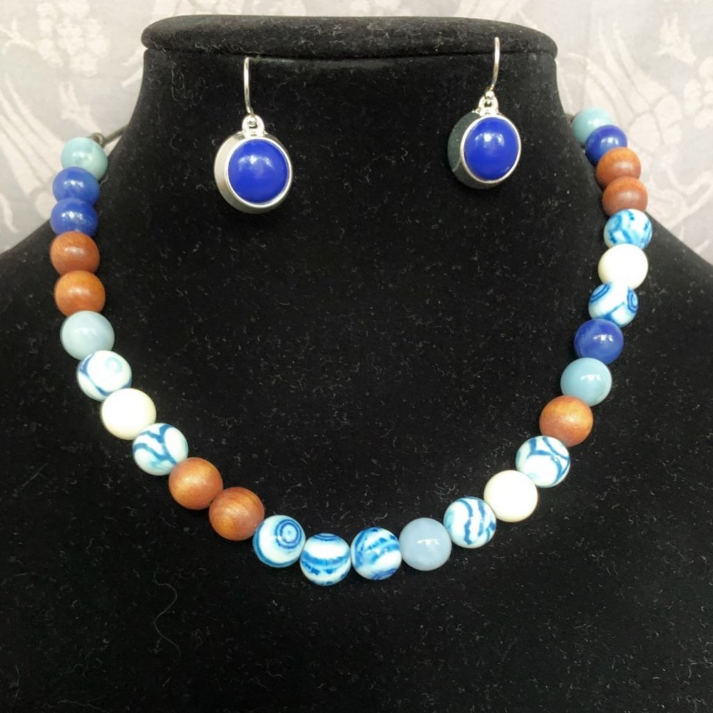Fossil Necklace, Blue and White Ceramic With Wood Beads,  Earrings,  Pretty